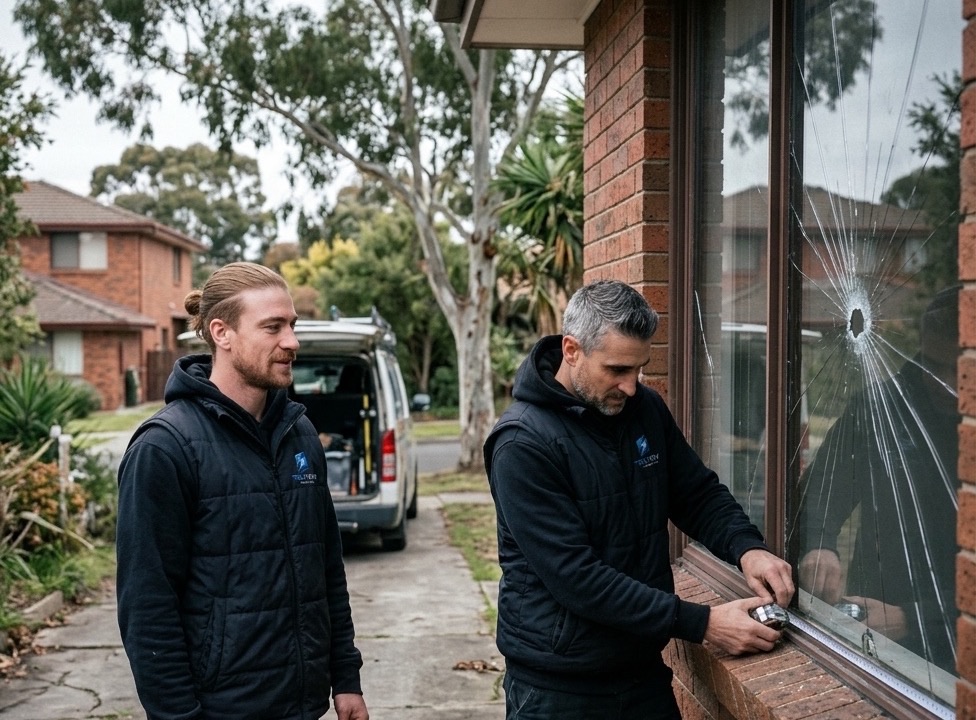 Jake and Kris from TruView Glass inspecting a cracked residential window