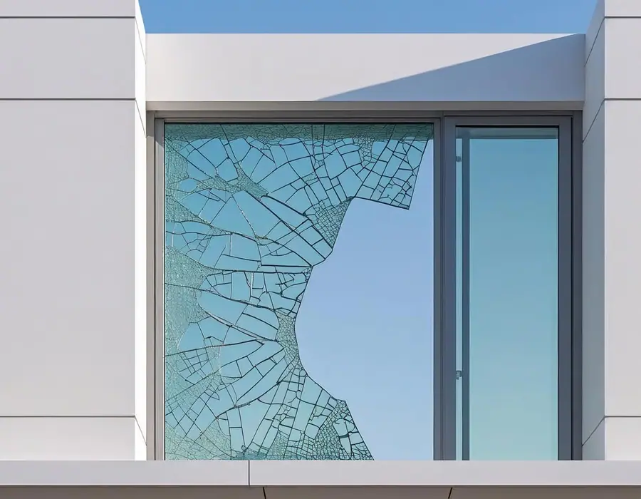 Damaged safety glass panel being assessed for replacement